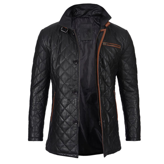 Glen Men Black Quilted Leather Car Coat