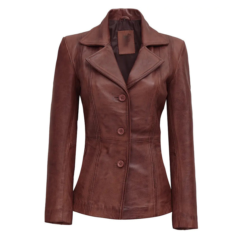 Women's Cognac Brown Leather Blazer