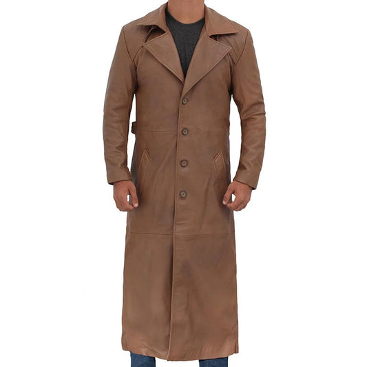 Brown Men Leather Long Duster Coat