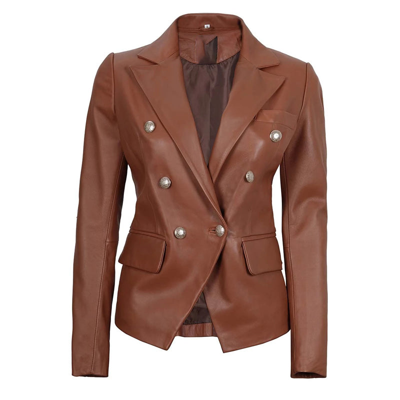 Women's Double Breasted Brown Leather Blazer Jacket