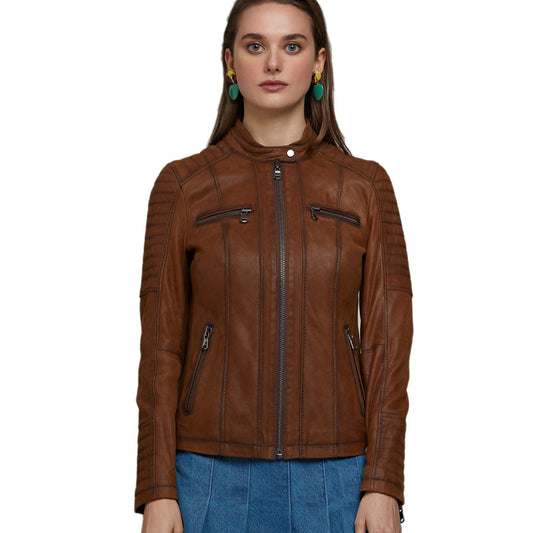 Women’s Real Brown Leather Moto Style Jacket