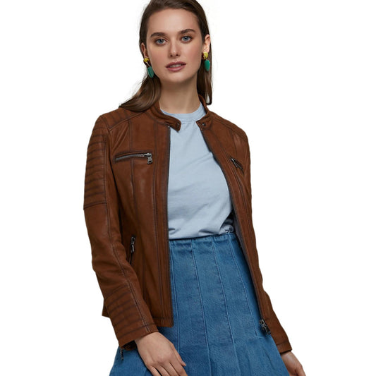 Women’s Real Brown Leather Moto Style Jacket