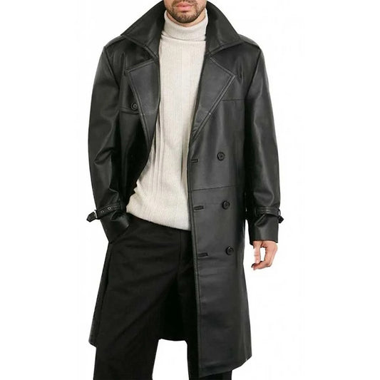 Men’s Belted Double Breasted Black Leather Trench Coat