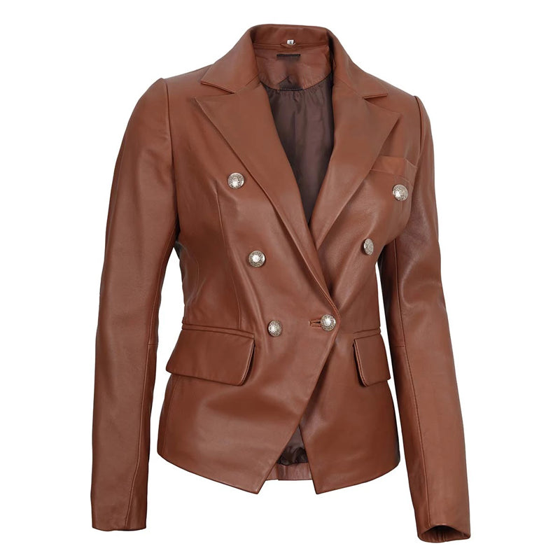 Women’s Double Breasted Brown Leather Blazer Jacket