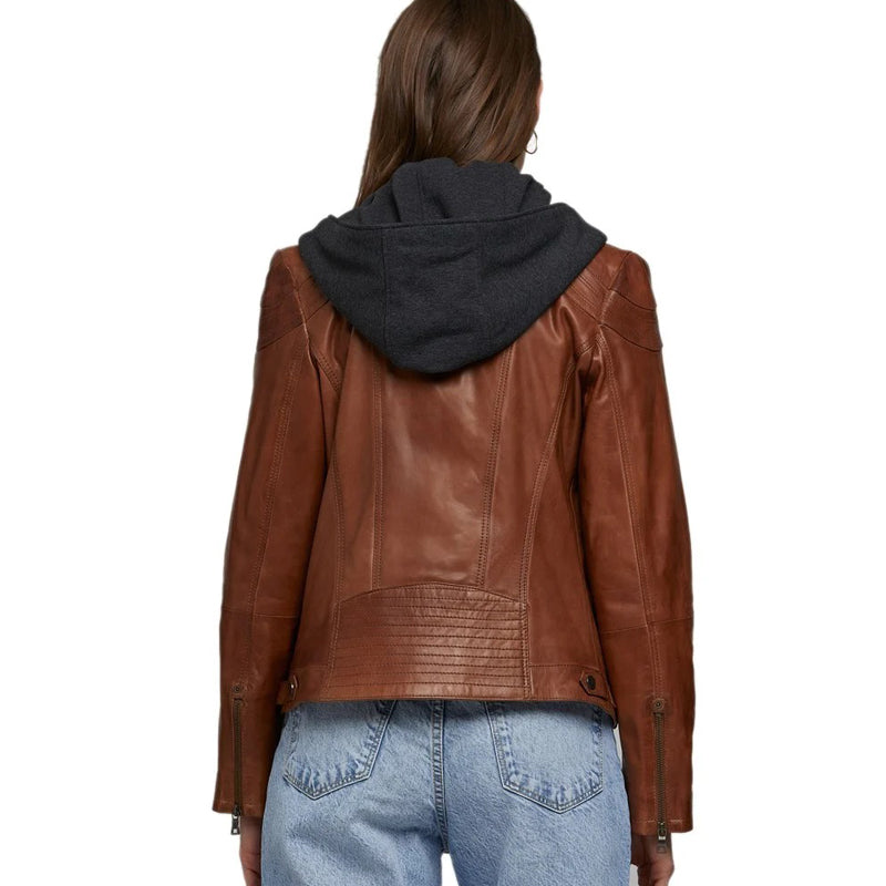 Women’s Real Brown Leather Hooded Style Jacket