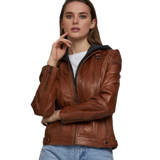 Women’s Real Brown Leather Hooded Style Jacket