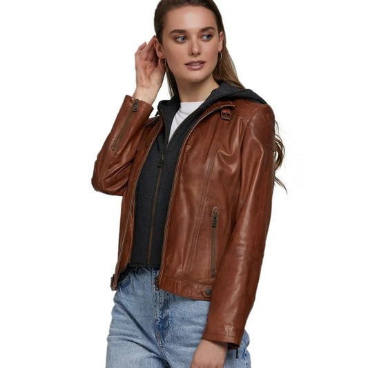 Women’s Real Brown Leather Hooded Style Jacket