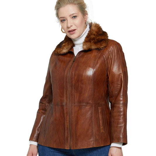 Women’s Real Brown Leather Fur Collar Jacket