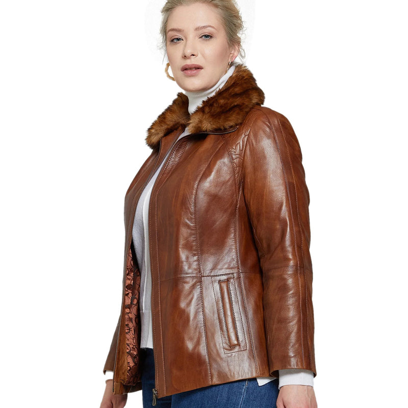 Women’s Real Brown Leather Fur Collar Jacket