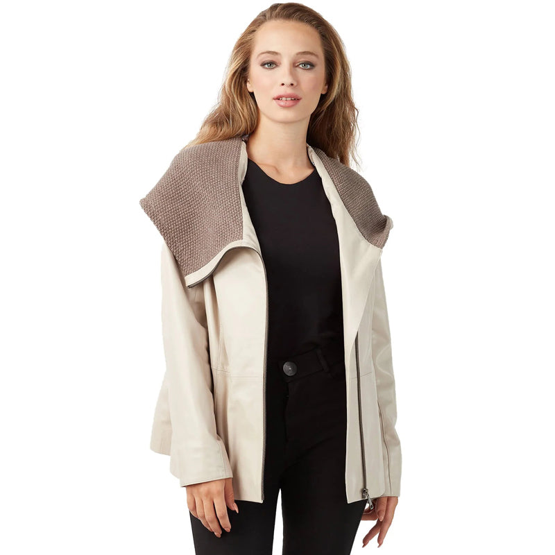 Women’s Real Beige Leather Hooded Coat