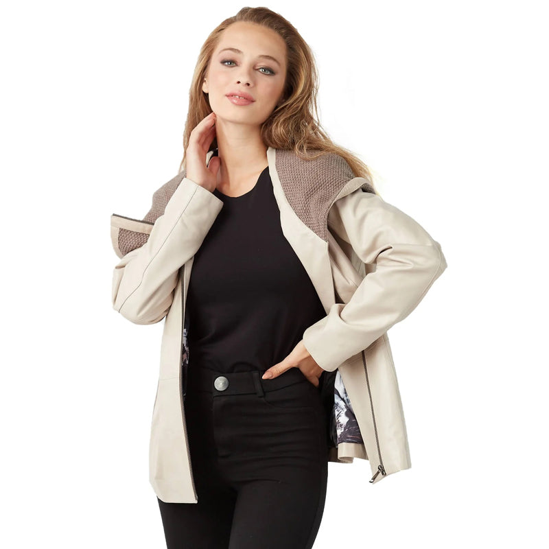Women’s Real Beige Leather Hooded Coat