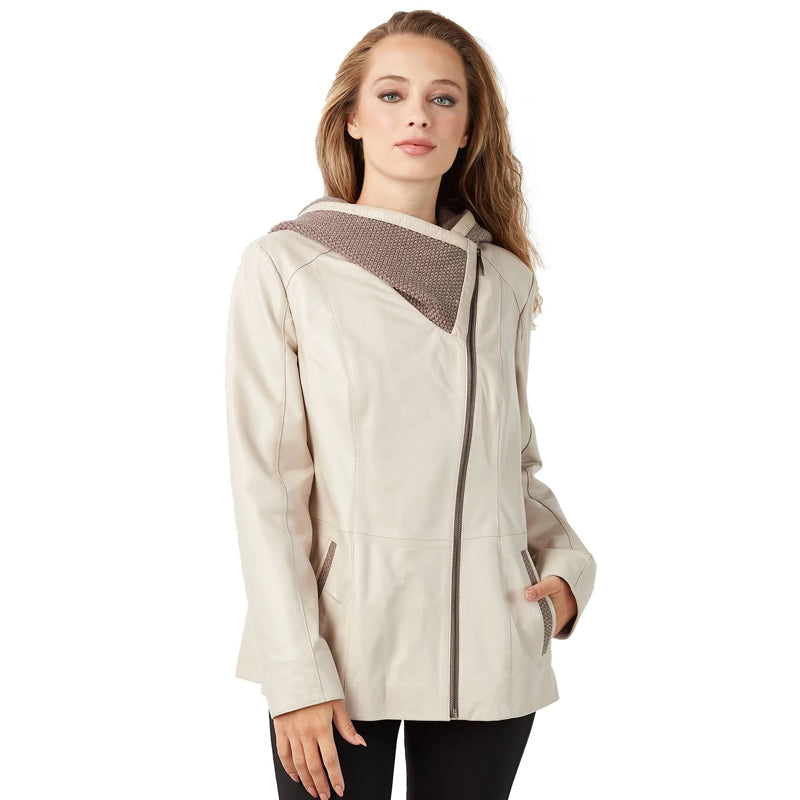Women’s Real Beige Leather Hooded Coat