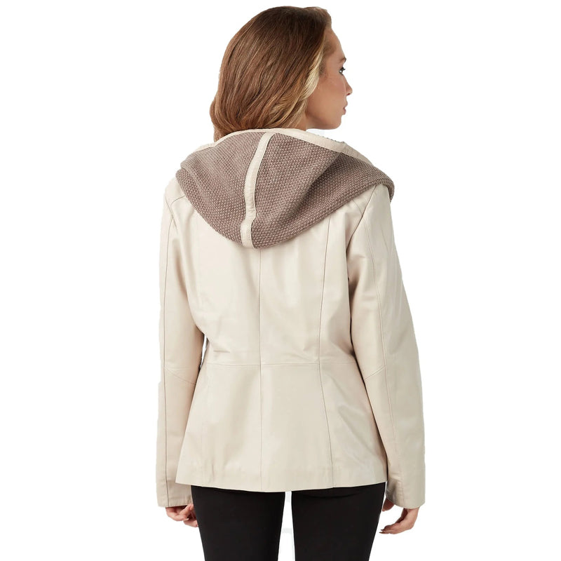 Women’s Real Beige Leather Hooded Coat