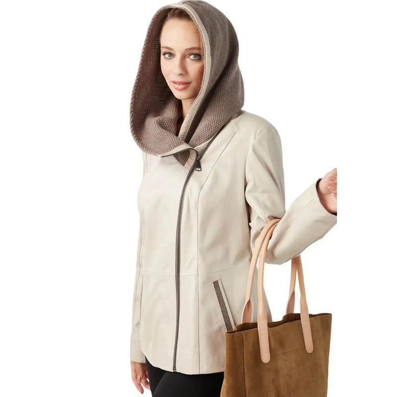 Women’s Real Beige Leather Hooded Coat