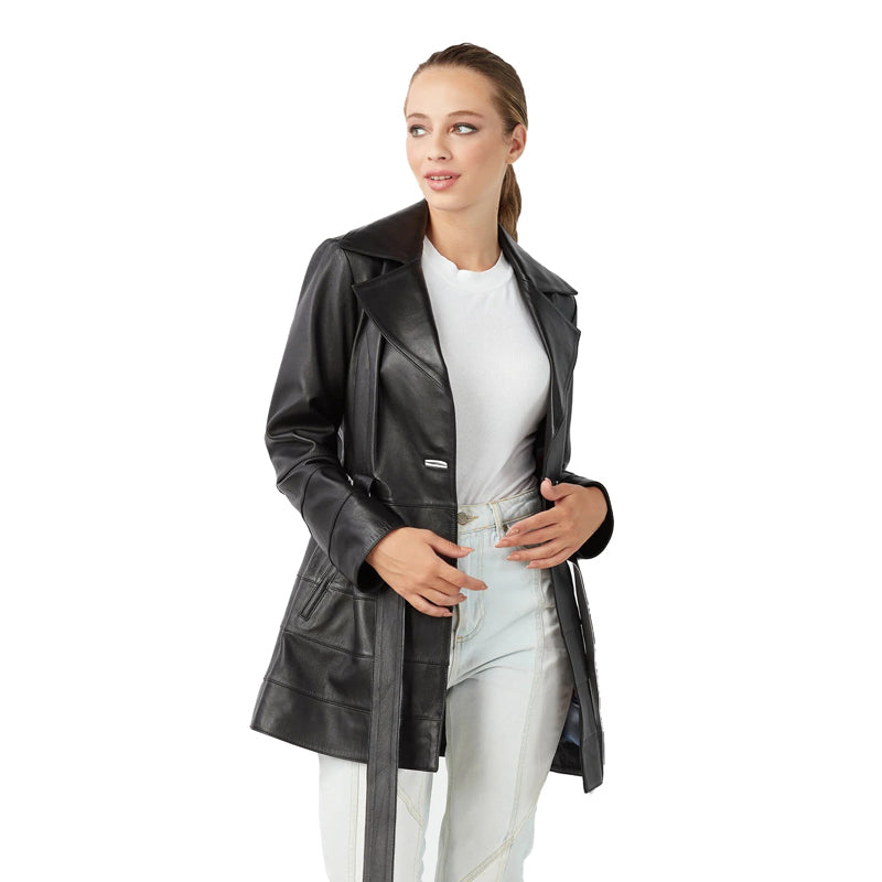 Women’s Real Black Leather Trench Short Coat