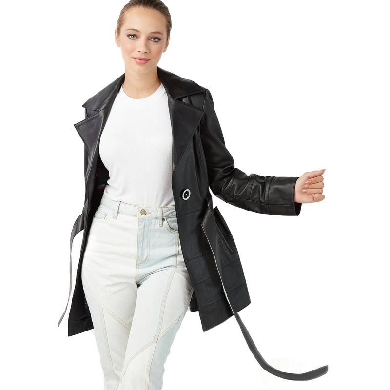 Women’s Real Black Leather Trench Short Coat