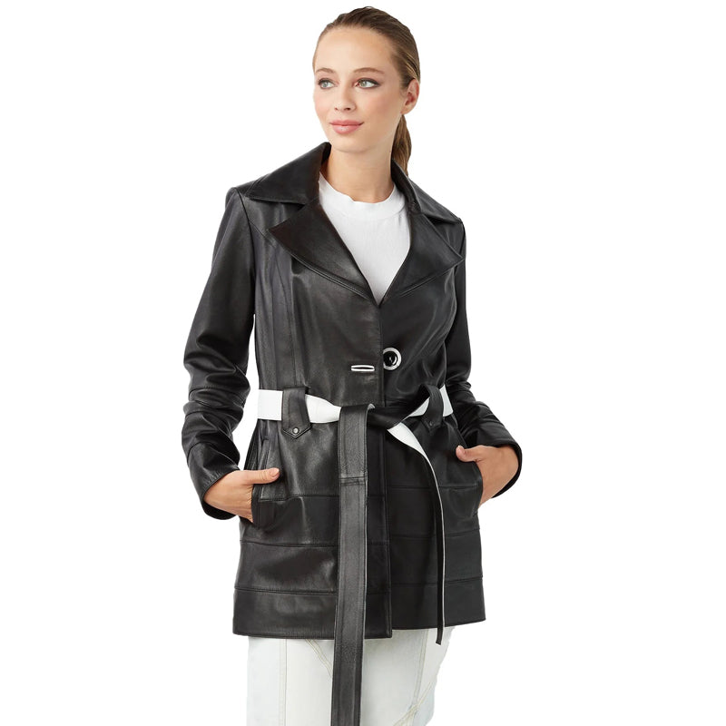 Women’s Real Black Leather Trench Short Coat