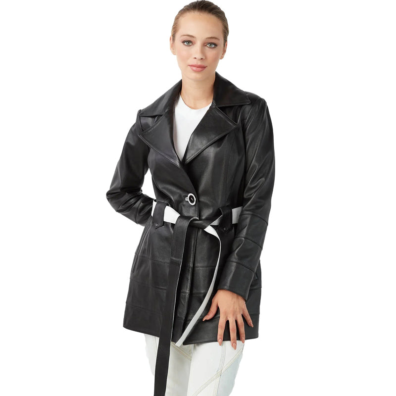 Women’s Real Black Leather Trench Short Coat