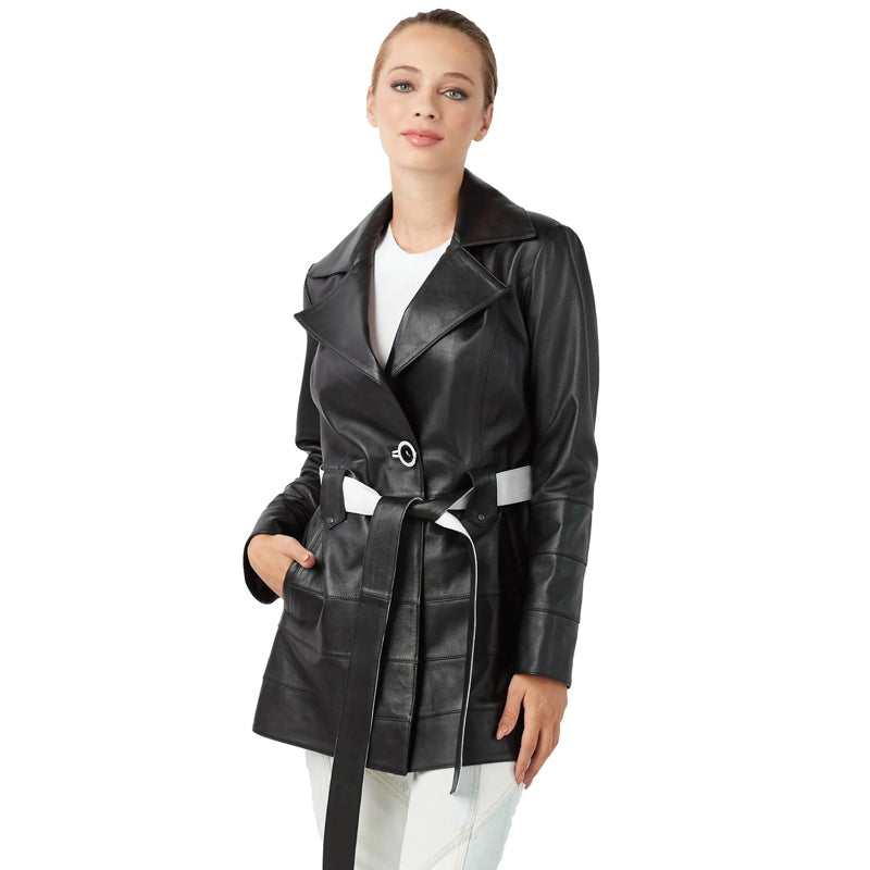 Women’s Real Black Leather Trench Short Coat