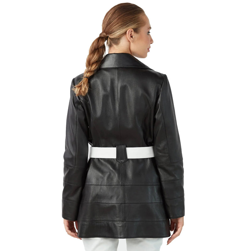 Women’s Real Black Leather Trench Short Coat