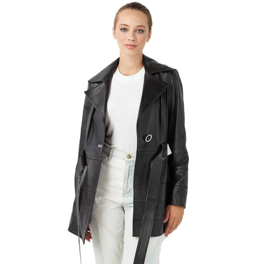 Women’s Real Black Leather Trench Short Coat