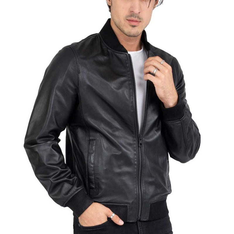 Men’s Black Leather Bomber Jacket