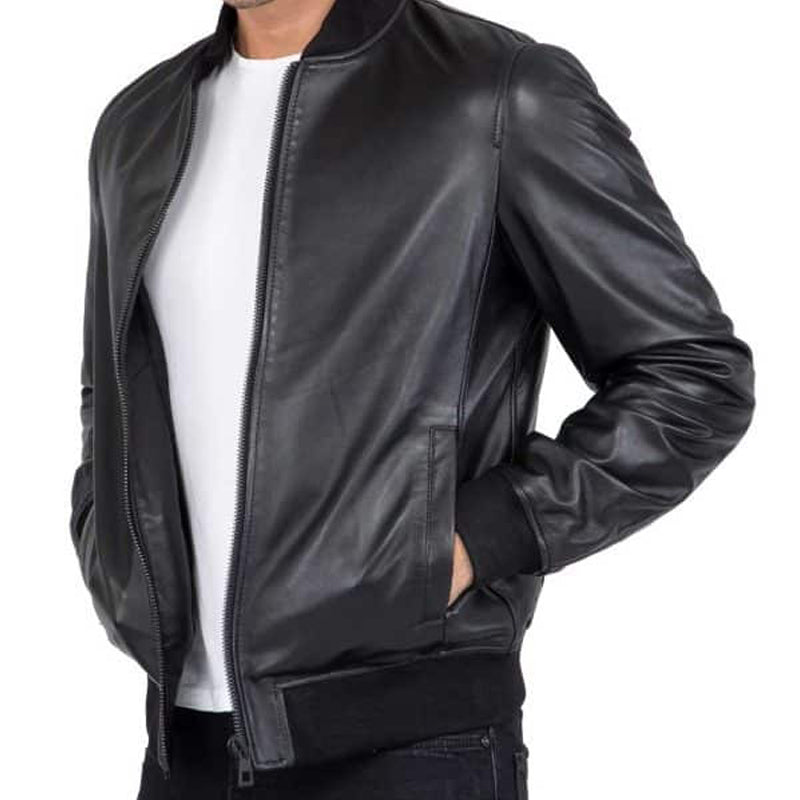 Men’s Black Leather Bomber Jacket