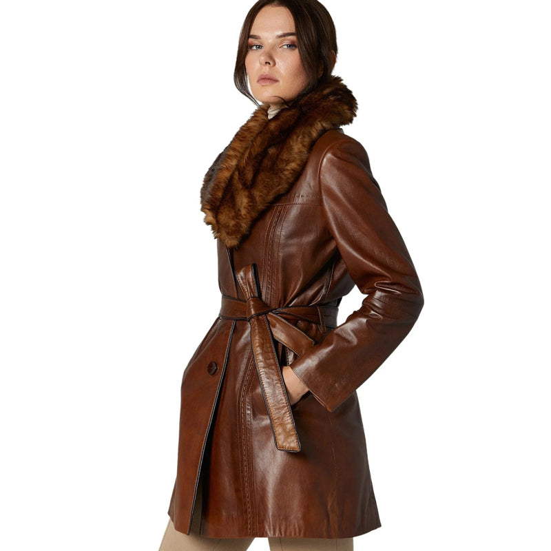 Women’s Real Brown Leather Long Trench Coat