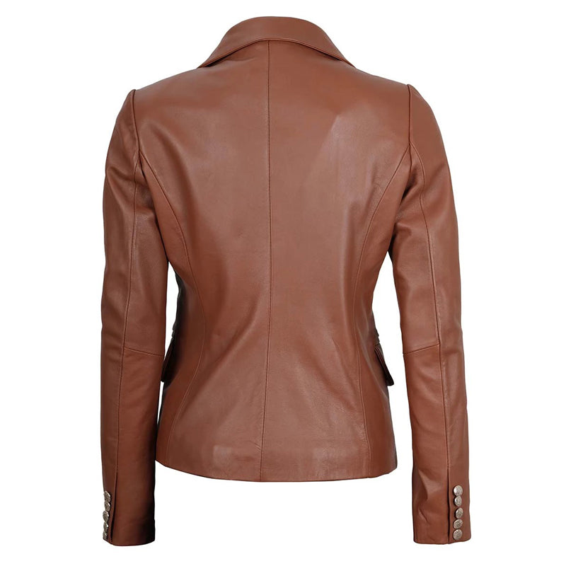 Women’s Double Breasted Brown Leather Blazer Jacket