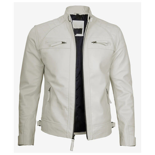 Mens Quilted Shoulder Off White Leather Jacket