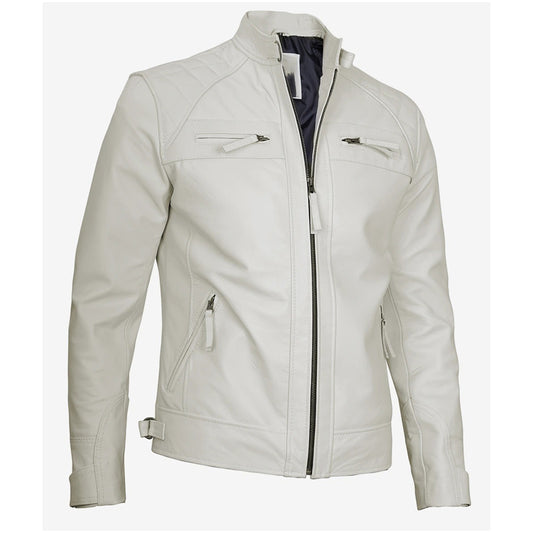 Mens Quilted Shoulder Off White Leather Jacket