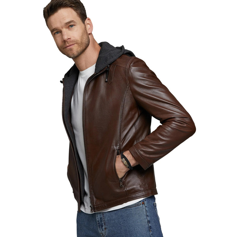Men’s Real Brown Leather Hooded Jacket
