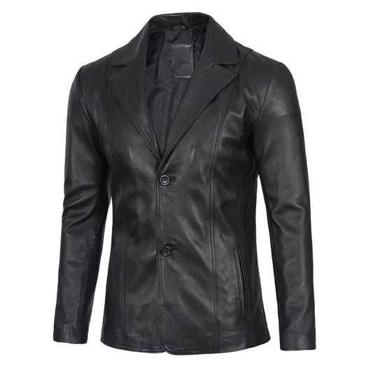 Men’s Two Button Black Leather Blazer