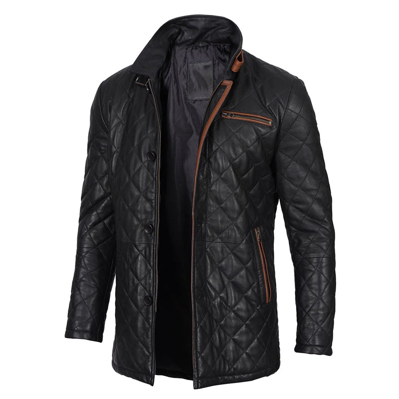 Glen Men Black Quilted Leather Car Coat