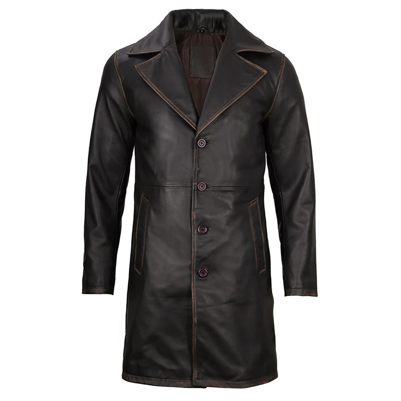 Men's Real Leather Rub Off Dark Brown Car Coat