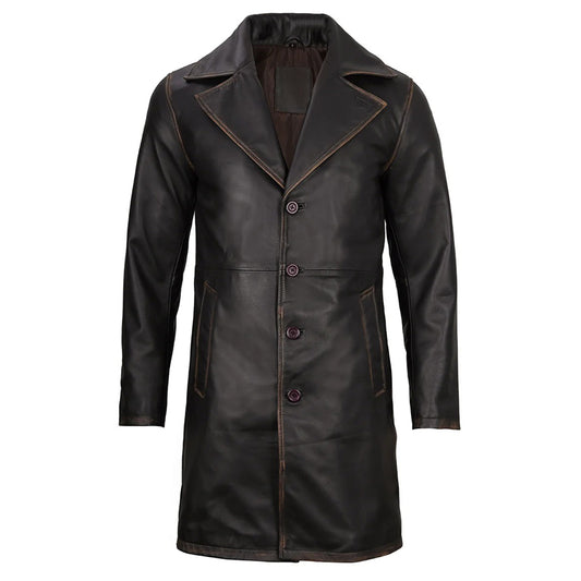Men's Real Leather Rub Off Dark Brown Car Coat