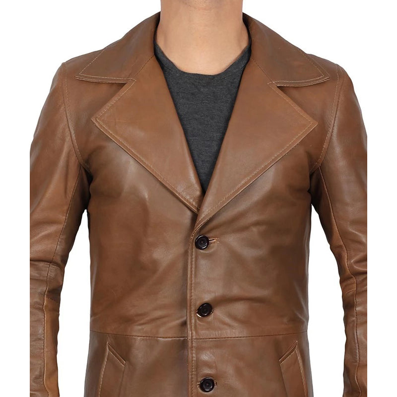 Men’s 3 4 Length Brown Leather Car Coat