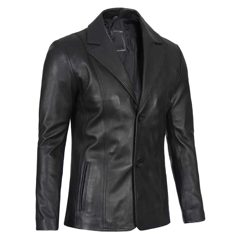 Men’s Two Button Black Leather Blazer