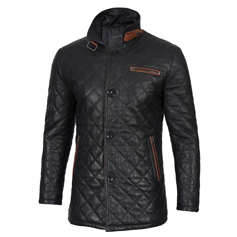 Glen Men Black Quilted Leather Car Coat