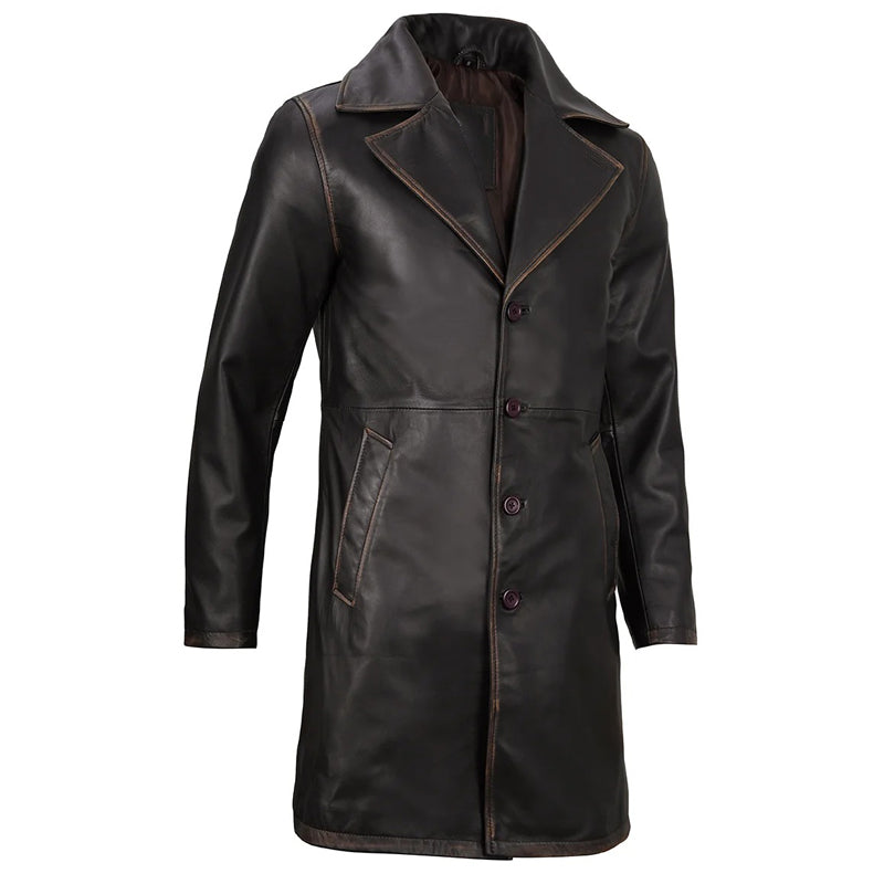 Men’s Real Leather Rub Off Dark Brown Car Coat