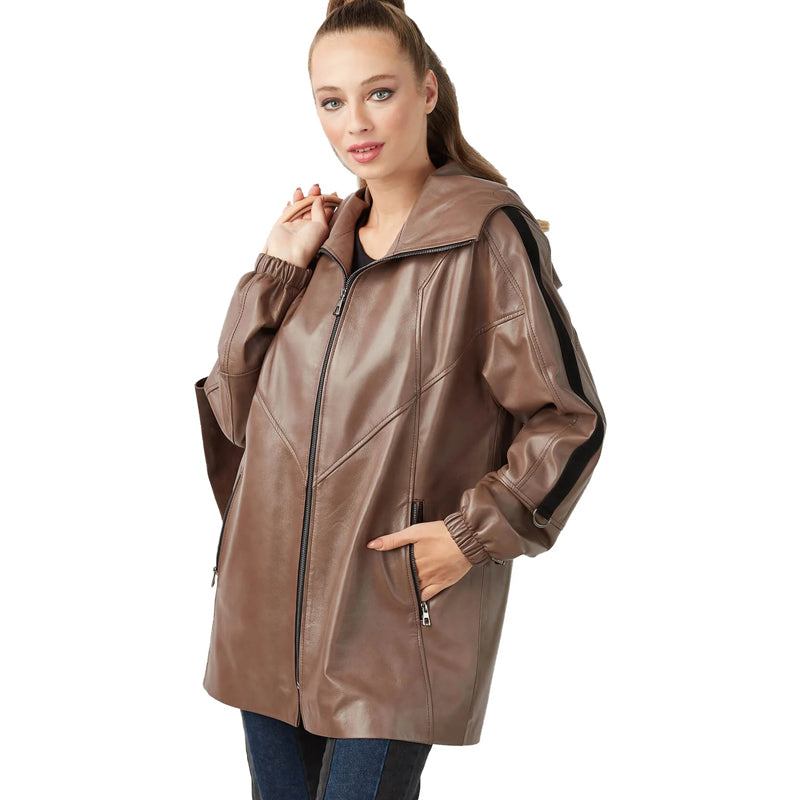 Women’s Real Mink Leather Hooded Antique Coat