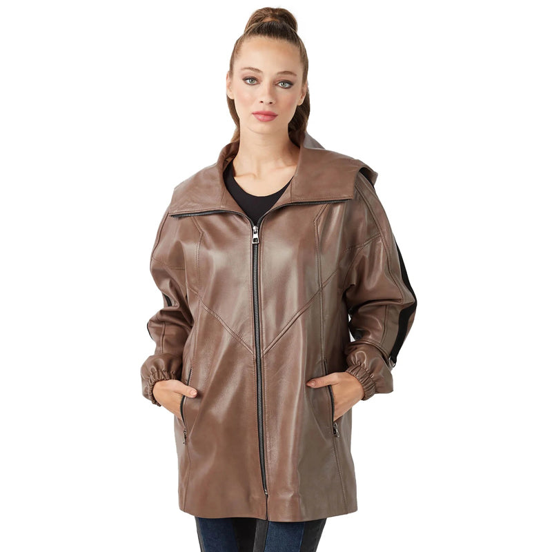 Women’s Real Mink Leather Hooded Antique Coat