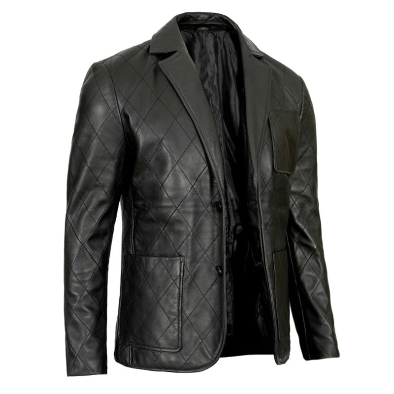 Elton Men’s Quilted Black Real Leather Blazer
