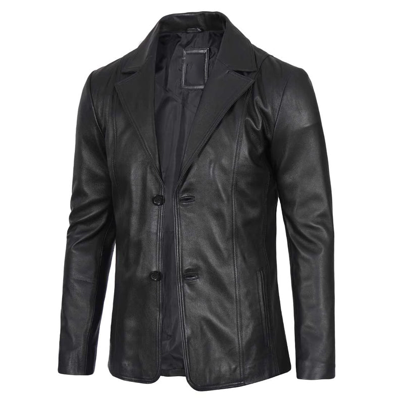Men’s Two Button Black Leather Blazer