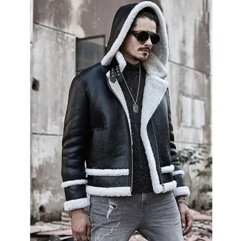 Mens Bomber Hooded Sheepskin Leather Jacket
