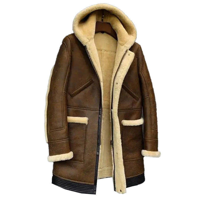 Mens Hooded Sheepskin Shearling Leather Jacket