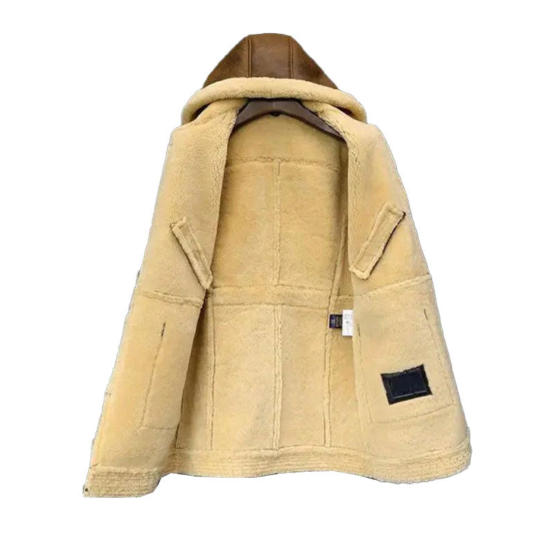 Mens Hooded Sheepskin Shearling Leather Jacket