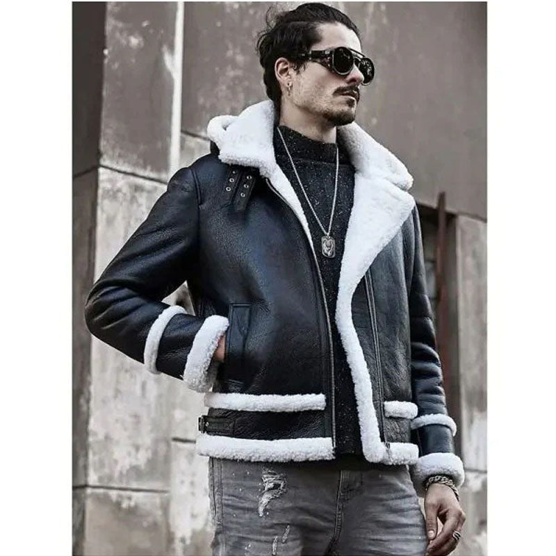 Mens Bomber Hooded Sheepskin Leather Jacket