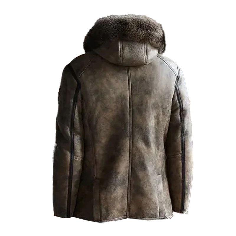 Mens Hooded Shearling Collar Leather Bomber Jacket