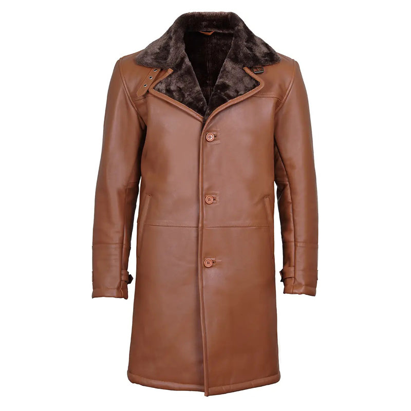 Men's Dark Brown Cognac Leather Shearling Coat